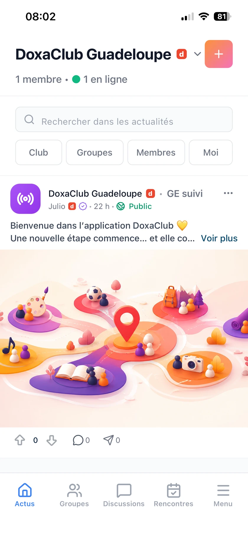 Écran Actualités de l’application DoxaClub